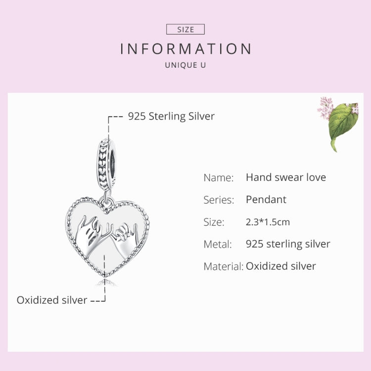 S925 Sterling Silver Silver Heart Hand In Hand Pendant DIY Bracelet Necklace Accessories, Hand In Hand