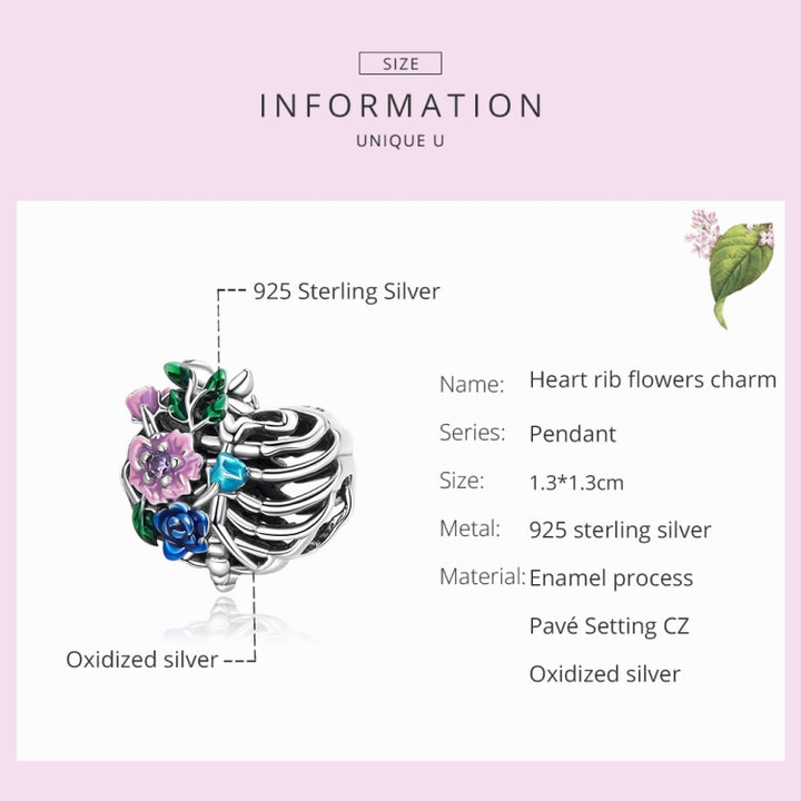 S925 Sterling Silver Heart Rib Flower Beads DIY Bracelet Necklace Accessories, Heart Rib Flower