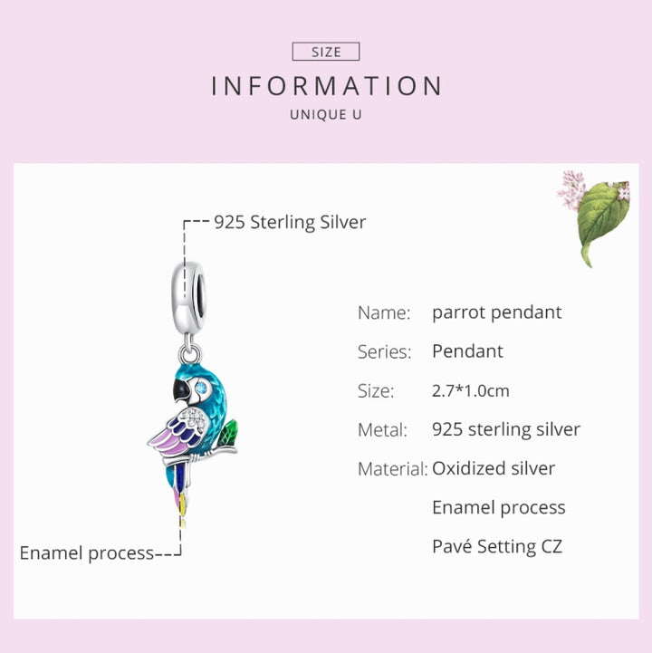 S925 Sterling Silver Parrot Pendant DIY Bracelet Necklace Accessories, Parrot