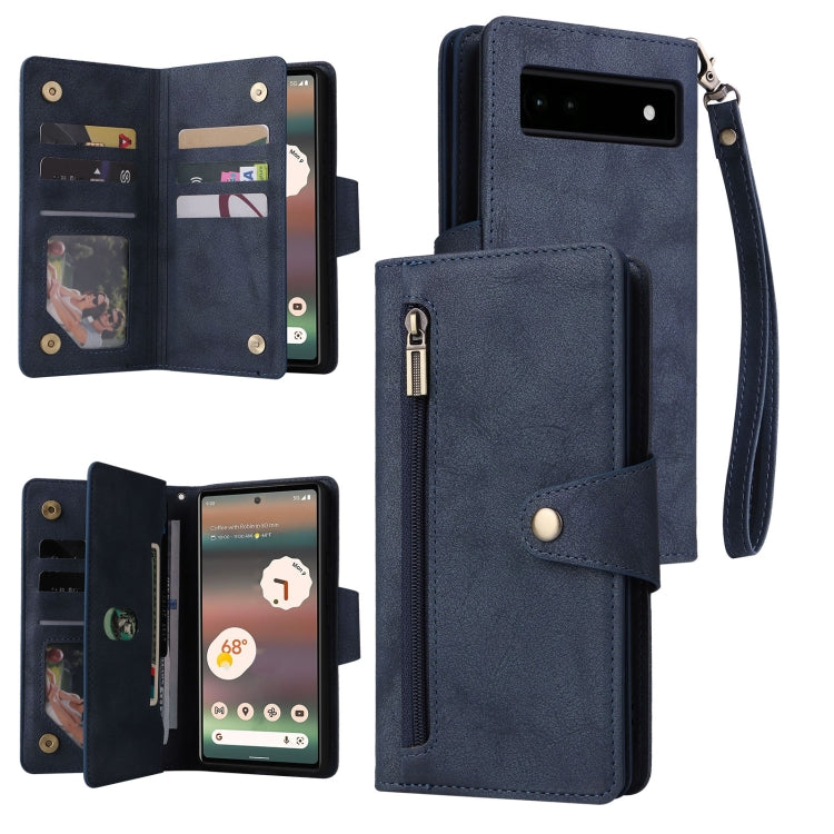 Rivet Buckle 9 Cards Three Fold Leather Phone Case, For Google Pixel 6a