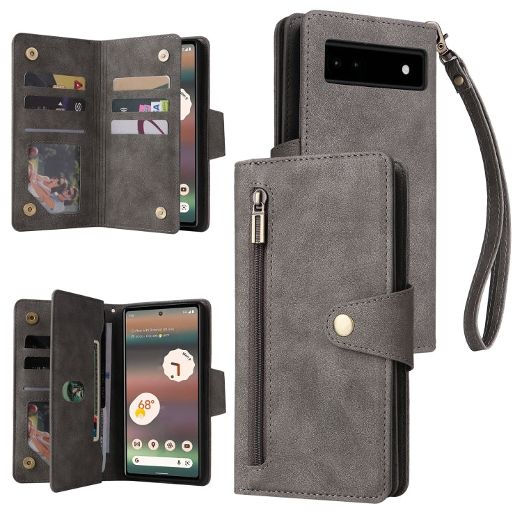 Rivet Buckle 9 Cards Three Fold Leather Phone Case, For Google Pixel 6a