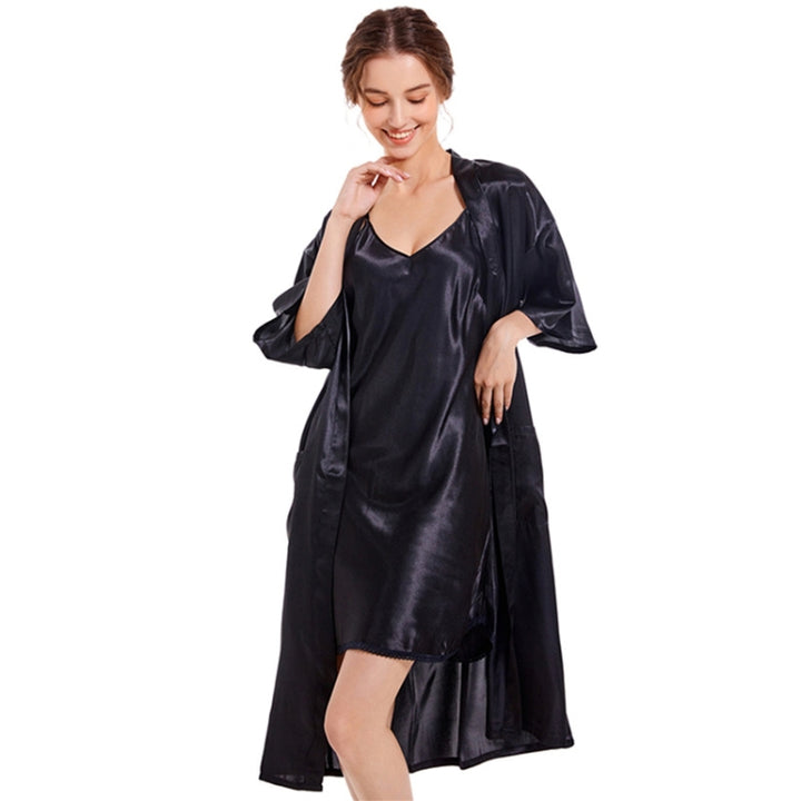 Imitation Silk Pure Color Sexy V-neck Nightgown Sling Skirt 2 in 1 Kit, S, M, L, XL