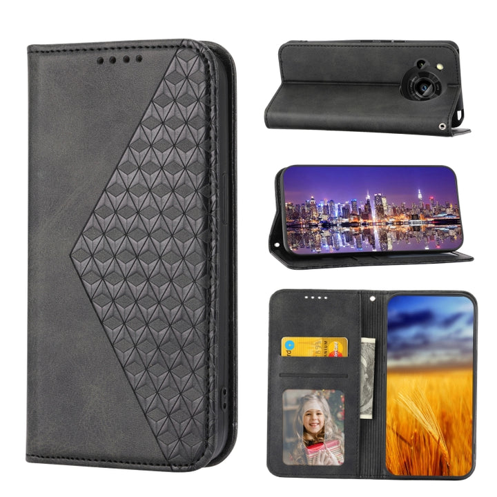 Cubic Grid Calf Texture Magnetic Closure Leather Phone Case, For Sharp Aquos R7 / P7, For Sharp Aquos R6, For Sharp Simple Sumaho 6, For Sharp Simple Sumaho 5, For Sharp Aquos Sense6 / 6S