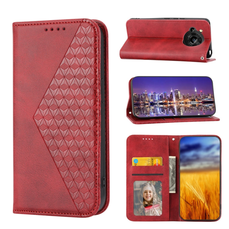 Cubic Grid Calf Texture Magnetic Closure Leather Phone Case, For Sharp Aquos R7 / P7, For Sharp Aquos R6, For Sharp Simple Sumaho 6, For Sharp Simple Sumaho 5, For Sharp Aquos Sense6 / 6S