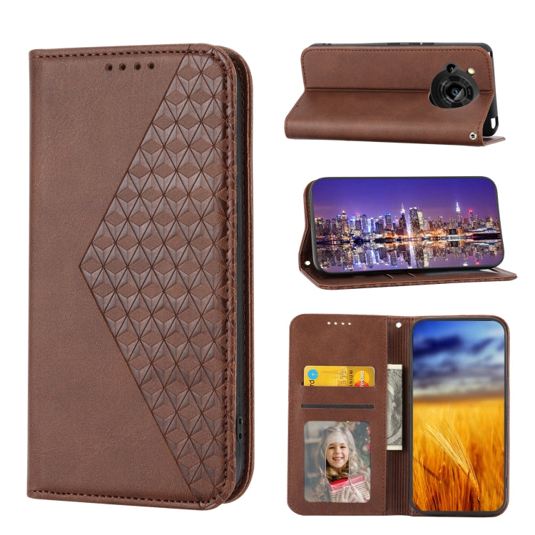 Cubic Grid Calf Texture Magnetic Closure Leather Phone Case, For Sharp Aquos R7 / P7, For Sharp Aquos R6, For Sharp Simple Sumaho 6, For Sharp Simple Sumaho 5, For Sharp Aquos Sense6 / 6S