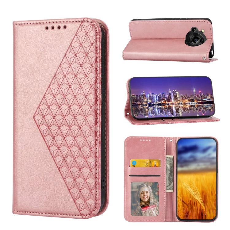 Cubic Grid Calf Texture Magnetic Closure Leather Phone Case, For Sharp Aquos R7 / P7, For Sharp Aquos R6, For Sharp Simple Sumaho 6, For Sharp Simple Sumaho 5, For Sharp Aquos Sense6 / 6S