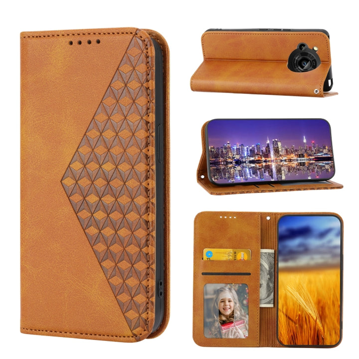 Cubic Grid Calf Texture Magnetic Closure Leather Phone Case, For Sharp Aquos R7 / P7, For Sharp Aquos R6, For Sharp Simple Sumaho 6, For Sharp Simple Sumaho 5, For Sharp Aquos Sense6 / 6S