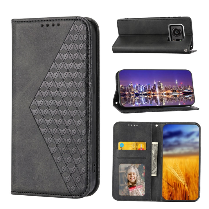 Cubic Grid Calf Texture Magnetic Closure Leather Phone Case, For Sharp Aquos R7 / P7, For Sharp Aquos R6, For Sharp Simple Sumaho 6, For Sharp Simple Sumaho 5, For Sharp Aquos Sense6 / 6S