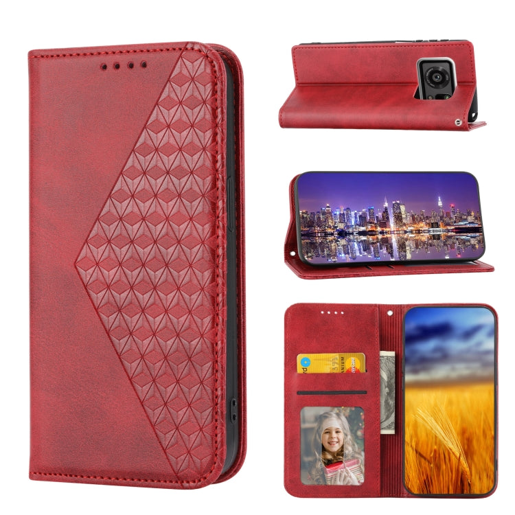 Cubic Grid Calf Texture Magnetic Closure Leather Phone Case, For Sharp Aquos R7 / P7, For Sharp Aquos R6, For Sharp Simple Sumaho 6, For Sharp Simple Sumaho 5, For Sharp Aquos Sense6 / 6S