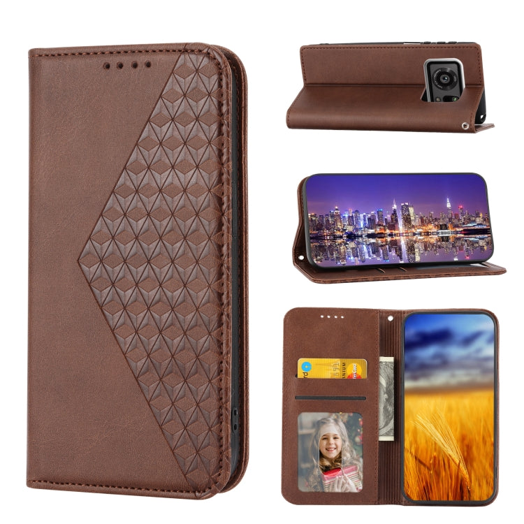 Cubic Grid Calf Texture Magnetic Closure Leather Phone Case, For Sharp Aquos R7 / P7, For Sharp Aquos R6, For Sharp Simple Sumaho 6, For Sharp Simple Sumaho 5, For Sharp Aquos Sense6 / 6S