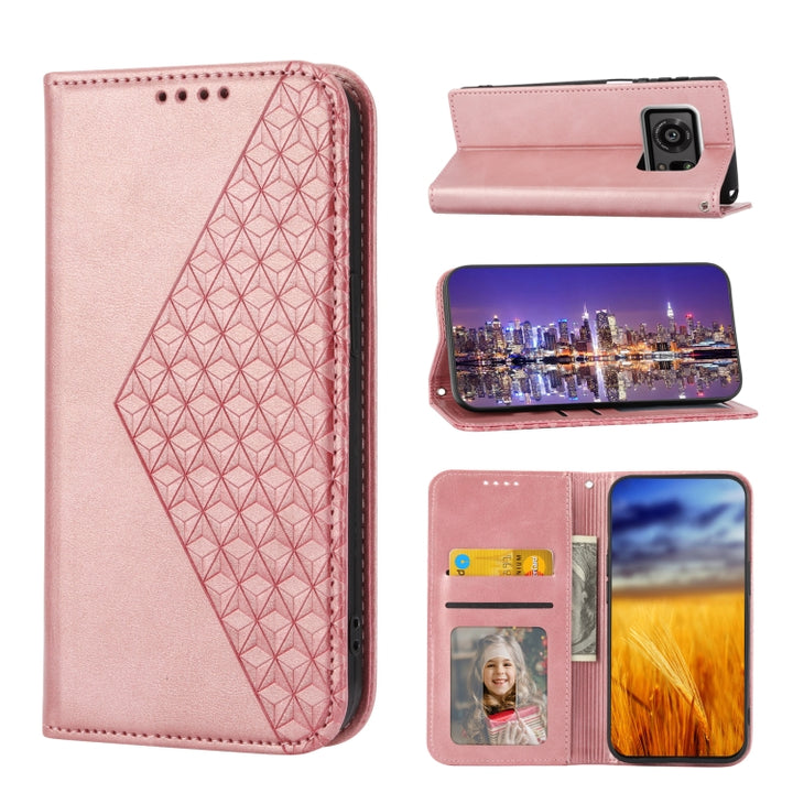 Cubic Grid Calf Texture Magnetic Closure Leather Phone Case, For Sharp Aquos R7 / P7, For Sharp Aquos R6, For Sharp Simple Sumaho 6, For Sharp Simple Sumaho 5, For Sharp Aquos Sense6 / 6S