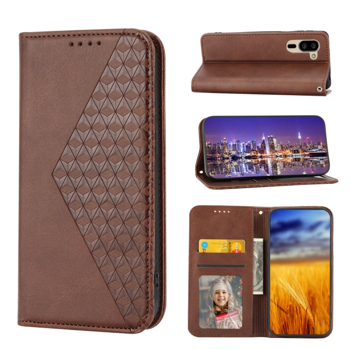 Cubic Grid Calf Texture Magnetic Closure Leather Phone Case, For Sharp Aquos R7 / P7, For Sharp Aquos R6, For Sharp Simple Sumaho 6, For Sharp Simple Sumaho 5, For Sharp Aquos Sense6 / 6S