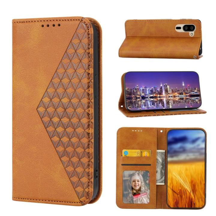 Cubic Grid Calf Texture Magnetic Closure Leather Phone Case, For Sharp Aquos R7 / P7, For Sharp Aquos R6, For Sharp Simple Sumaho 6, For Sharp Simple Sumaho 5, For Sharp Aquos Sense6 / 6S