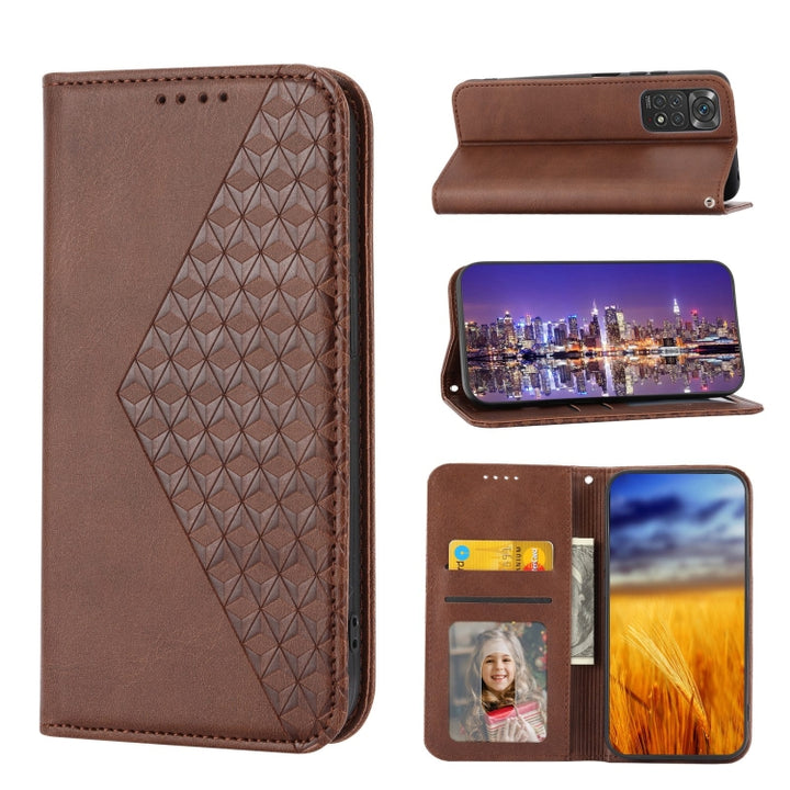 Cubic Grid Calf Texture Magnetic Closure Leather Phone Case, For Xiaomi Redmi 10A, For Xiaomi Redmi Note 11 Pro+, For Xiaomi 11T / 11T Pro, For Xiaomi Redmi Note 11T Pro, For Realme 9i