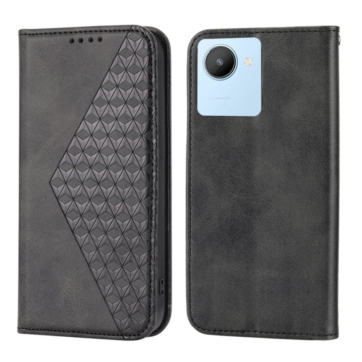 Cubic Grid Calf Texture Magnetic Closure Leather Phone Case, For Realme 9 Pro+, For OPPO Reno7 5G, For Realme C35, For Realme C31, For Realme C30