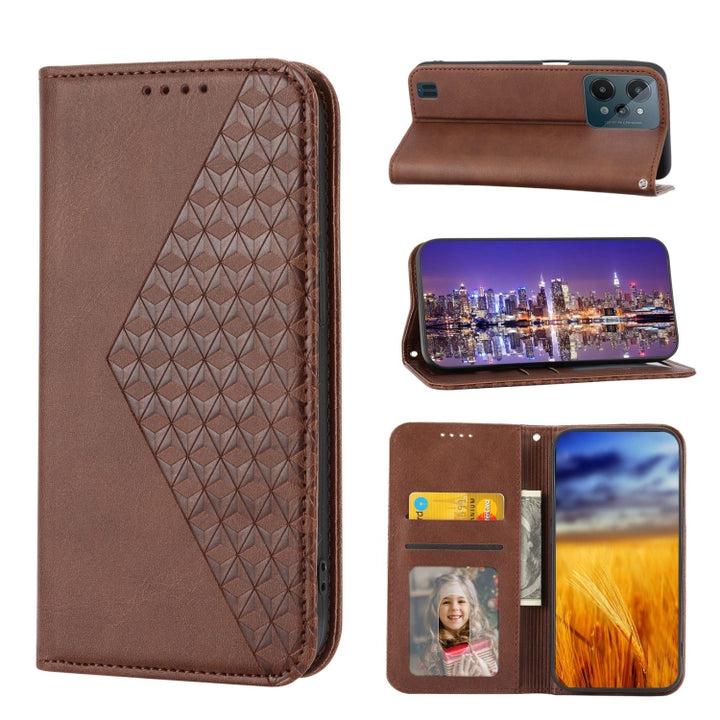 Cubic Grid Calf Texture Magnetic Closure Leather Phone Case, For Realme 9 Pro+, For OPPO Reno7 5G, For Realme C35, For Realme C31, For Realme C30