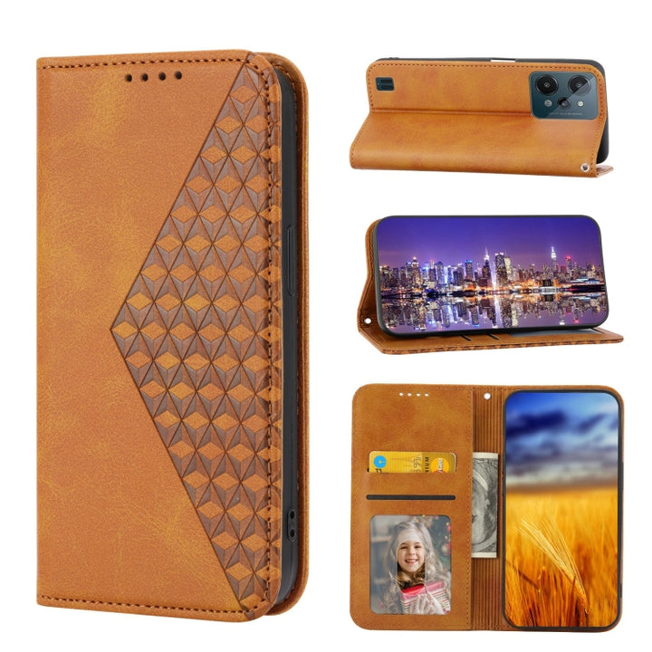 Cubic Grid Calf Texture Magnetic Closure Leather Phone Case, For Realme 9 Pro+, For OPPO Reno7 5G, For Realme C35, For Realme C31, For Realme C30