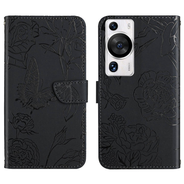 HT03 Skin Feel Butterfly Embossed Flip Leather Phone Case, For Huawei P60 Pro