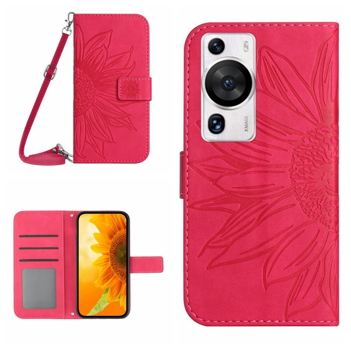 Skin Feel Sun Flower Embossed Flip Leather Phone Case with Lanyard, For Huawei P60 Pro