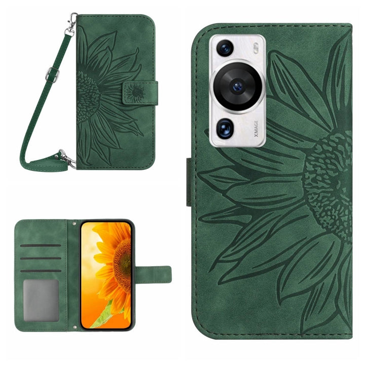 Skin Feel Sun Flower Embossed Flip Leather Phone Case with Lanyard, For Huawei P60 Pro