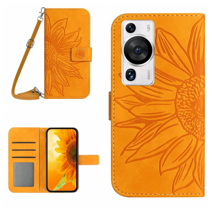 Skin Feel Sun Flower Embossed Flip Leather Phone Case with Lanyard, For Huawei P60 Pro