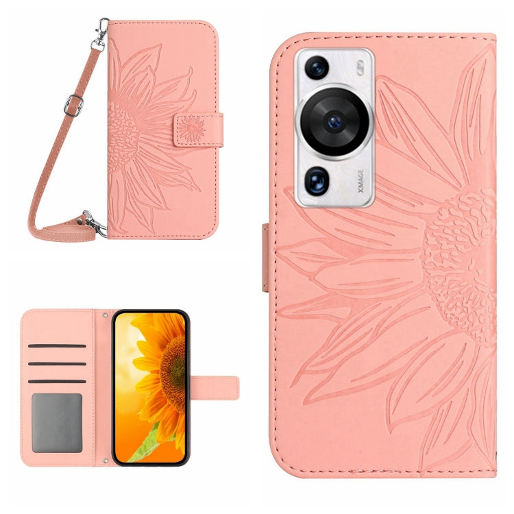 Skin Feel Sun Flower Embossed Flip Leather Phone Case with Lanyard, For Huawei P60 Pro