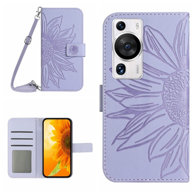 Skin Feel Sun Flower Embossed Flip Leather Phone Case with Lanyard, For Huawei P60 Pro