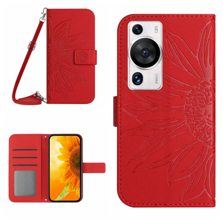 Skin Feel Sun Flower Embossed Flip Leather Phone Case with Lanyard, For Huawei P60 Pro