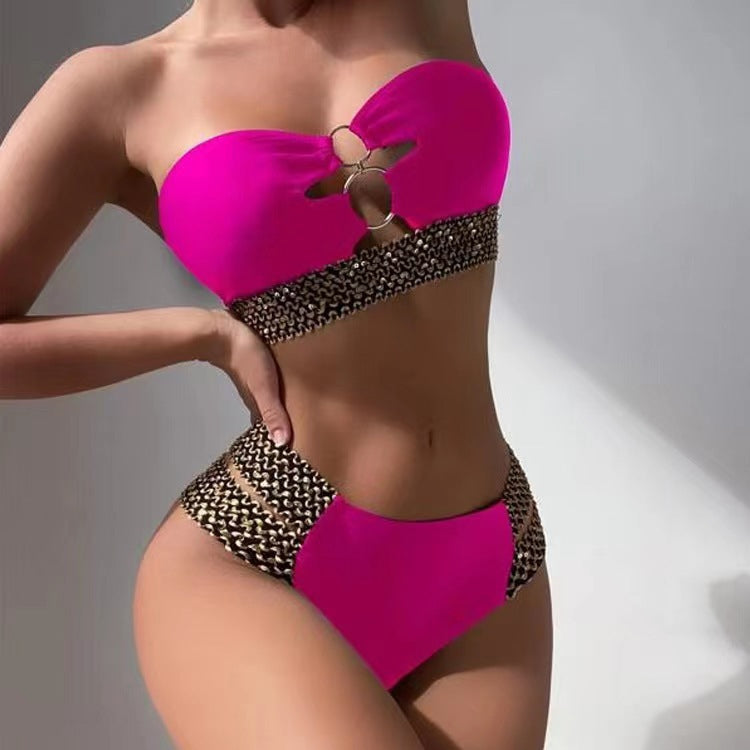 Woman Sexy Solid Color High Waist Two Piece Bikini Swimsuit, S, M, L, XL