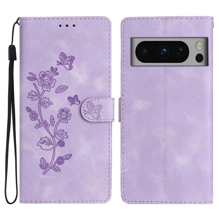 Flower Butterfly Embossing Pattern Leather Phone Case, For Google Pixel 8 Pro, For Google Pixel 8, For Google Pixel 7a, For Google Pixel 7 Pro, For Google Pixel 7