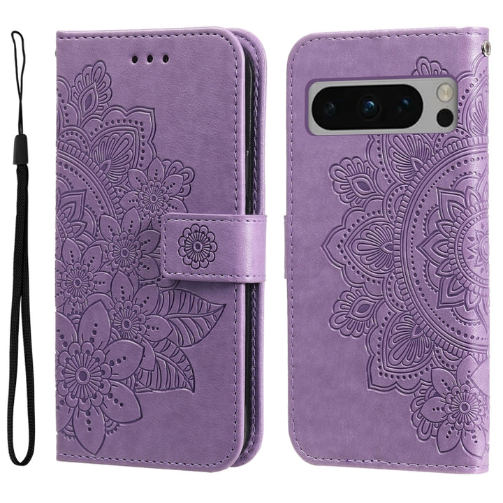 Seven-petal Flowers Embossing Leather Phone Case, For Google Pixel 9a, For Google Pixel 9 Pro, For Google Pixel 9, For Google Pixel 8a, For Google Pixel 8 Pro, For Google Pixel 8