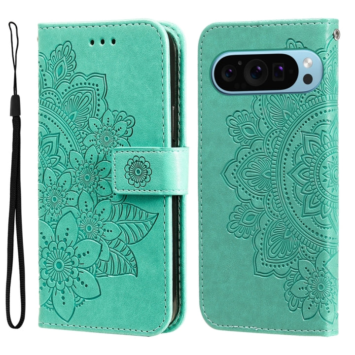 Seven-petal Flowers Embossing Leather Phone Case, For Google Pixel 9a, For Google Pixel 9 Pro, For Google Pixel 9, For Google Pixel 8a, For Google Pixel 8 Pro, For Google Pixel 8