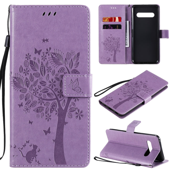 Tree & Cat Embossed Pattern Horizontal Flip Leather Case with Holder & Card Slots & Wallet & Lanyard, For LG V60 ThinQ 5G, For Motorola Moto G Power