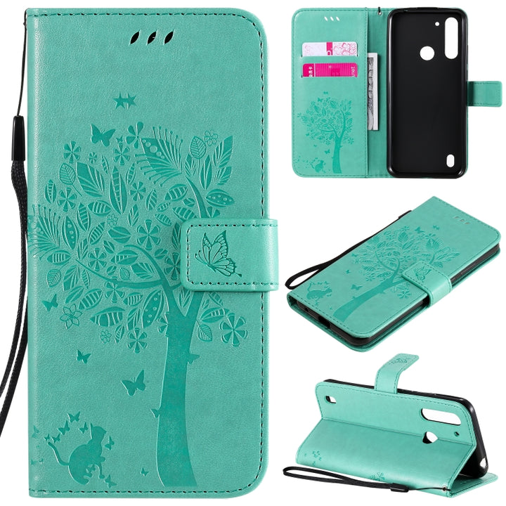 Tree & Cat Embossed Pattern Horizontal Flip Leather Case with Holder & Card Slots & Wallet & Lanyard, For Motorola Moto G8 Power Lite, For Motorola Moto G8 Power