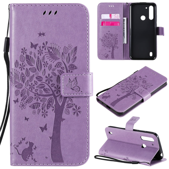 Tree & Cat Embossed Pattern Horizontal Flip Leather Case with Holder & Card Slots & Wallet & Lanyard, For Motorola Moto G8 Power Lite, For Motorola Moto G8 Power