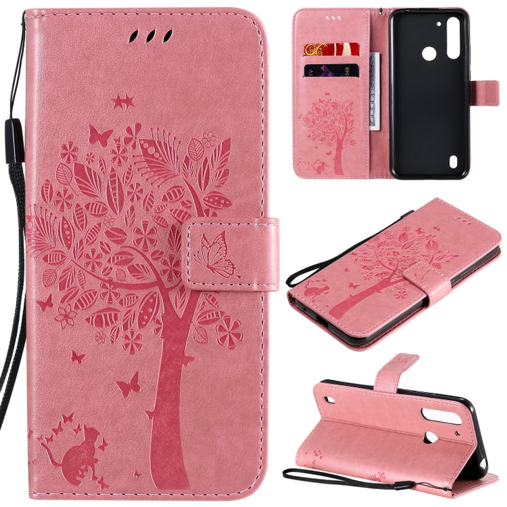 Tree & Cat Embossed Pattern Horizontal Flip Leather Case with Holder & Card Slots & Wallet & Lanyard, For Motorola Moto G8 Power Lite, For Motorola Moto G8 Power