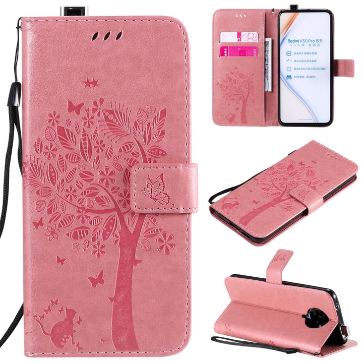 Tree & Cat Embossed Pattern Horizontal Flip Leather Case with Holder & Card Slots & Wallet & Lanyard, For OPPO Realme 6, For Xiaomi Redmi K30 Pro