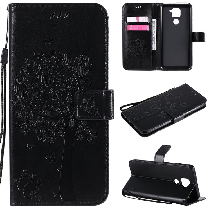 Tree & Cat Embossed Pattern Horizontal Flip Leather Case with Holder & Card Slots & Wallet & Lanyard, For Xiaomi Redmi Note 9 Pro, For Xiaomi Redmi Note 9