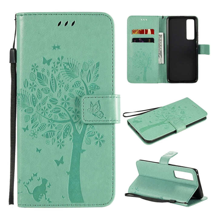 Tree & Cat Embossed Pattern Horizontal Flip Leather Case with Holder & Card Slots & Wallet & Lanyard, For Huawei Nova 7 Pro, For Huawei Nova 7 SE