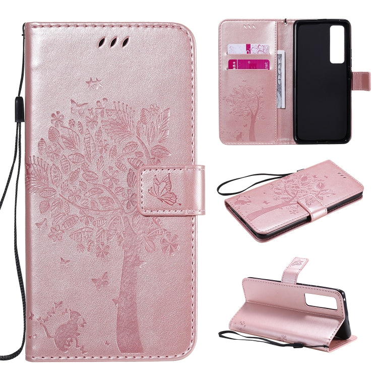 Tree & Cat Embossed Pattern Horizontal Flip Leather Case with Holder & Card Slots & Wallet & Lanyard, For Huawei Nova 7 Pro, For Huawei Nova 7 SE