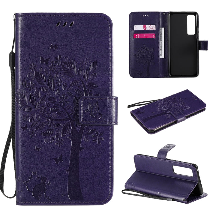 Tree & Cat Embossed Pattern Horizontal Flip Leather Case with Holder & Card Slots & Wallet & Lanyard, For Huawei Nova 7 Pro, For Huawei Nova 7 SE