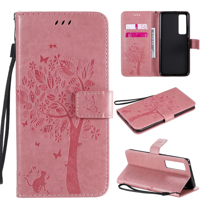 Tree & Cat Embossed Pattern Horizontal Flip Leather Case with Holder & Card Slots & Wallet & Lanyard, For Huawei Nova 7 Pro, For Huawei Nova 7 SE