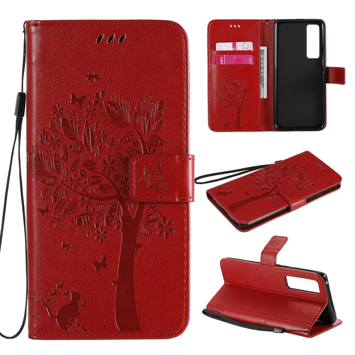 Tree & Cat Embossed Pattern Horizontal Flip Leather Case with Holder & Card Slots & Wallet & Lanyard, For Huawei Nova 7 Pro, For Huawei Nova 7 SE