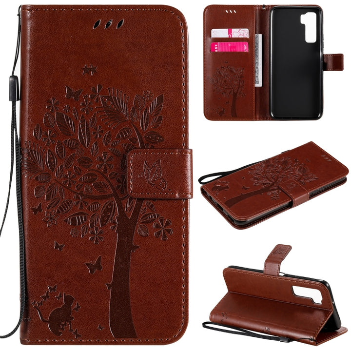 Tree & Cat Embossed Pattern Horizontal Flip Leather Case with Holder & Card Slots & Wallet & Lanyard, For Huawei Nova 7 Pro, For Huawei Nova 7 SE