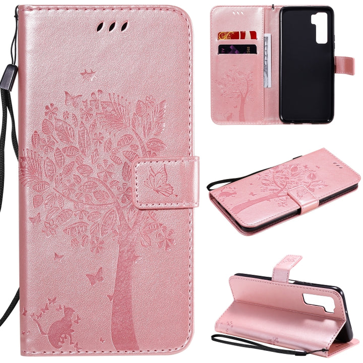 Tree & Cat Embossed Pattern Horizontal Flip Leather Case with Holder & Card Slots & Wallet & Lanyard, For Huawei Nova 7 Pro, For Huawei Nova 7 SE