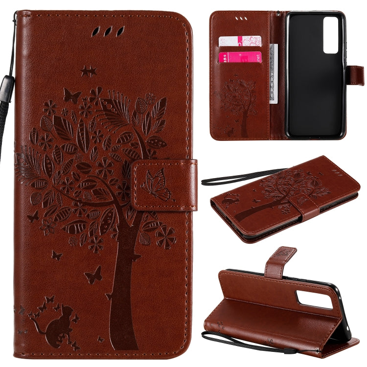 Tree & Cat Embossed Pattern Horizontal Flip Leather Case with Holder & Card Slots & Wallet & Lanyard, For Huawei Nova 7, For Huawei P40 Lite E