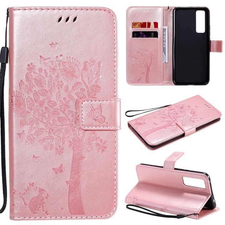 Tree & Cat Embossed Pattern Horizontal Flip Leather Case with Holder & Card Slots & Wallet & Lanyard, For Huawei Nova 7, For Huawei P40 Lite E