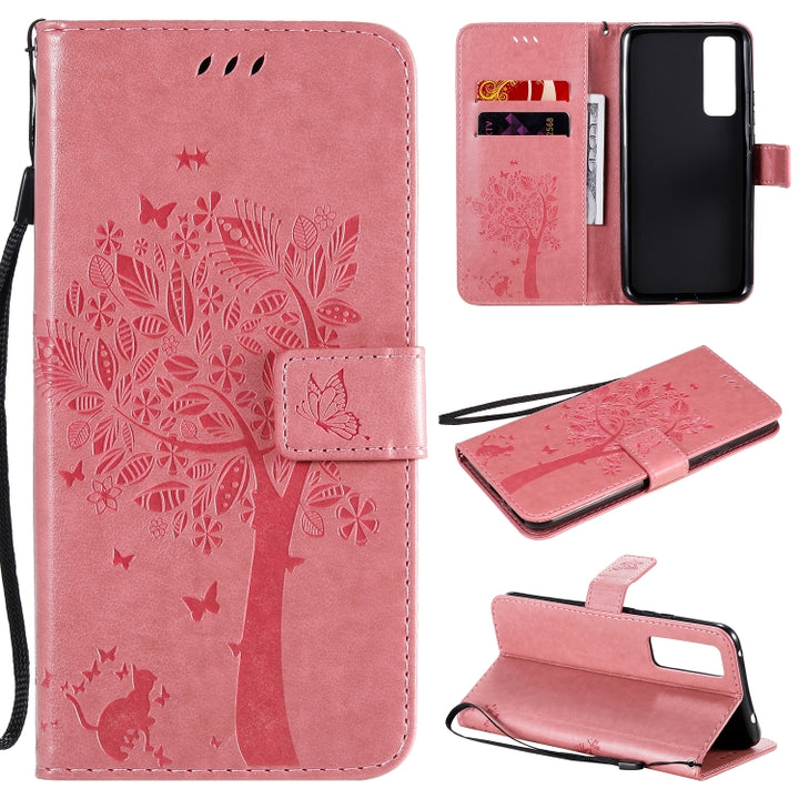 Tree & Cat Embossed Pattern Horizontal Flip Leather Case with Holder & Card Slots & Wallet & Lanyard, For Huawei Nova 7, For Huawei P40 Lite E