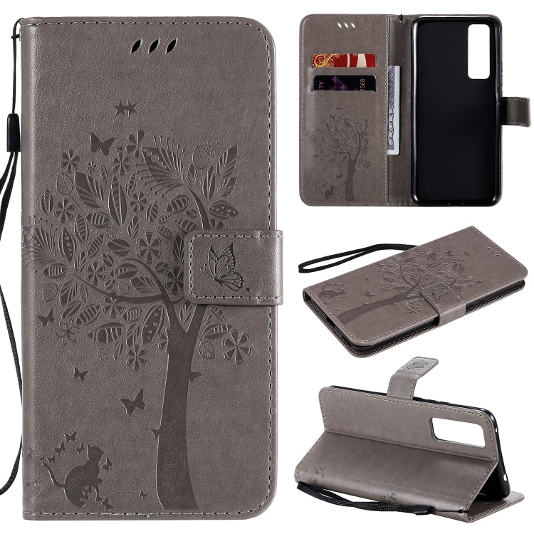 Tree & Cat Embossed Pattern Horizontal Flip Leather Case with Holder & Card Slots & Wallet & Lanyard, For Huawei Nova 7, For Huawei P40 Lite E