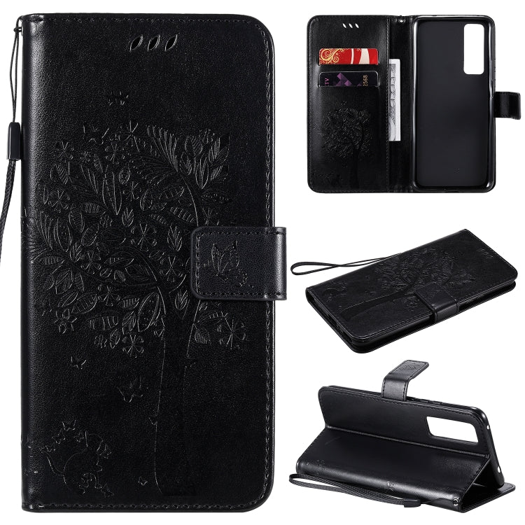 Tree & Cat Embossed Pattern Horizontal Flip Leather Case with Holder & Card Slots & Wallet & Lanyard, For Huawei Nova 7, For Huawei P40 Lite E